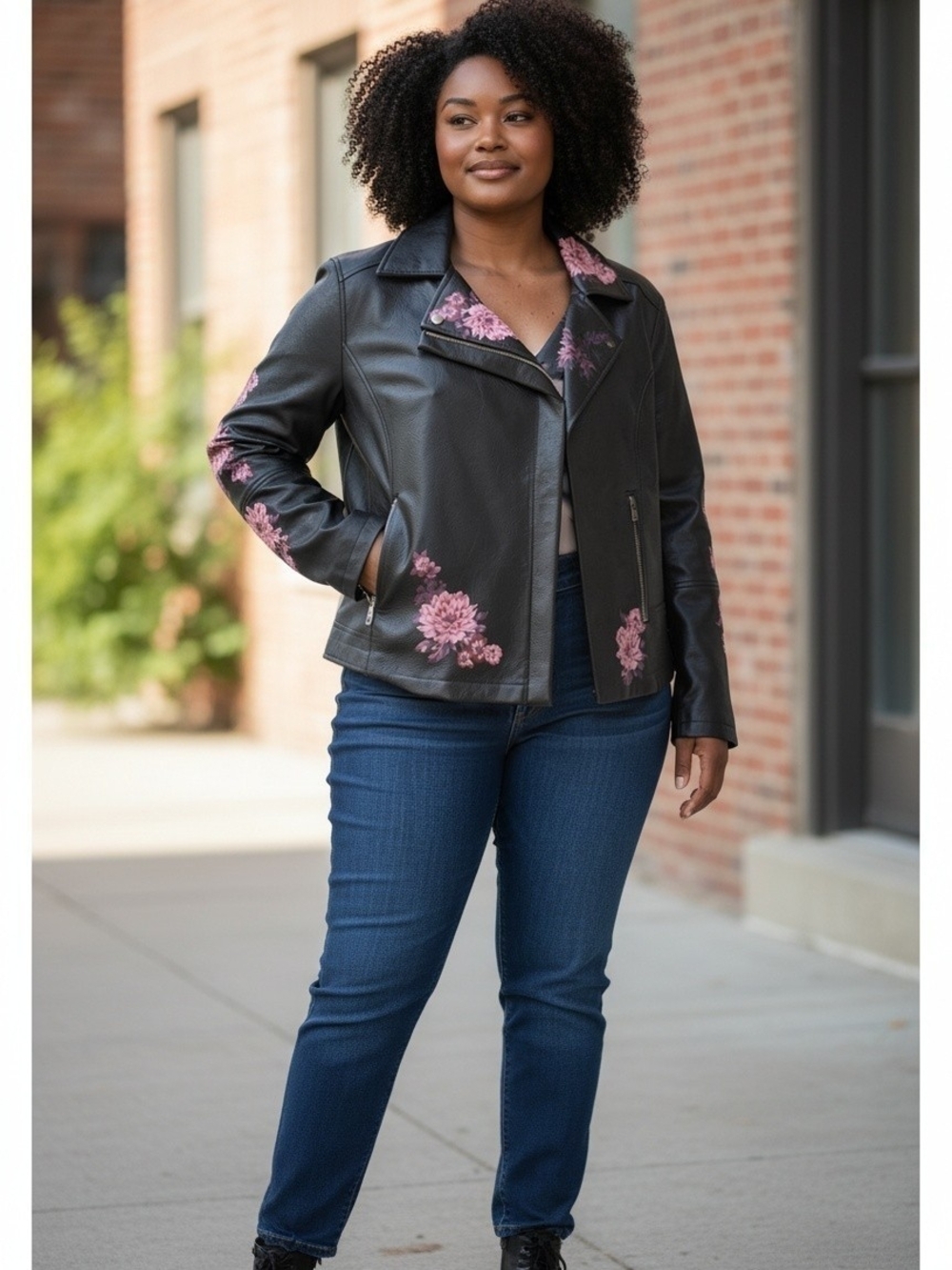 Roaman's Black Faux Leather Moto Jacket with Pink Flowers
